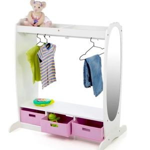 Guidecraft kids dress up closet with storage and Mirror.